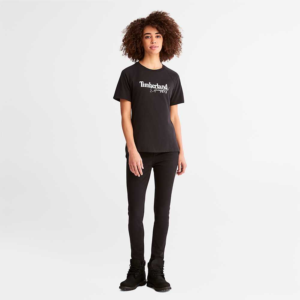 Women's Timberland Raglan-sleeve Logo T Shirts Black | UAE-5182639