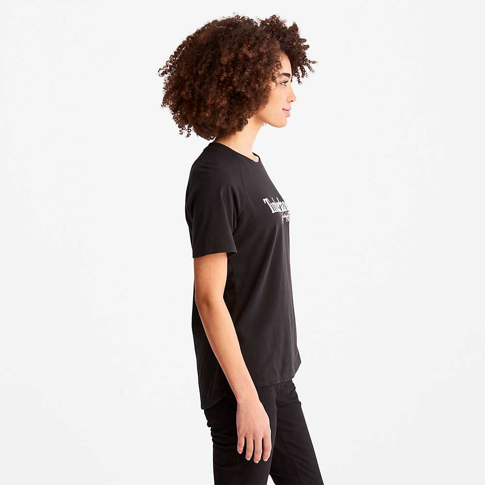 Women's Timberland Raglan-sleeve Logo T Shirts Black | UAE-5182639