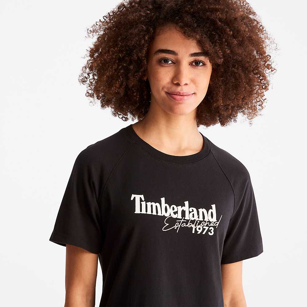 Women's Timberland Raglan-sleeve Logo T Shirts Black | UAE-5182639