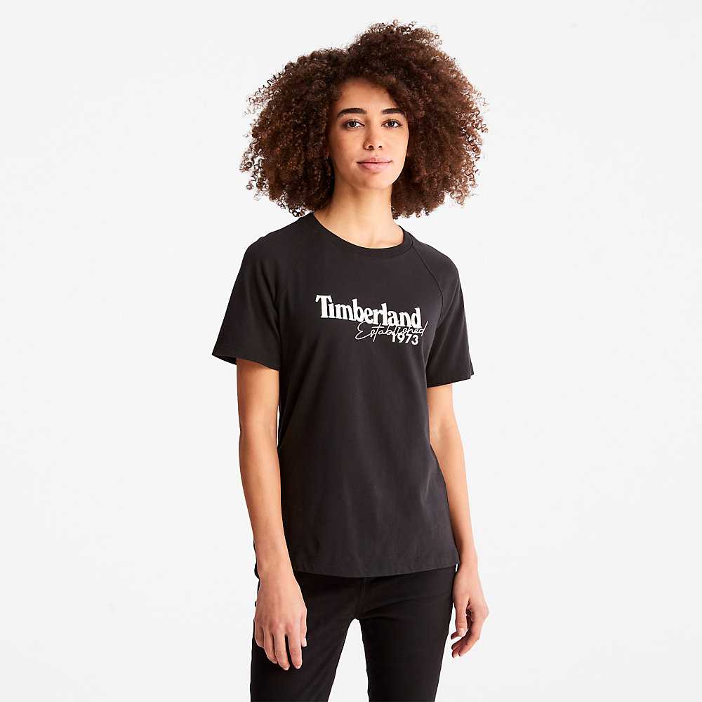 Women\'s Timberland Raglan-sleeve Logo T Shirts Black | UAE-5182639