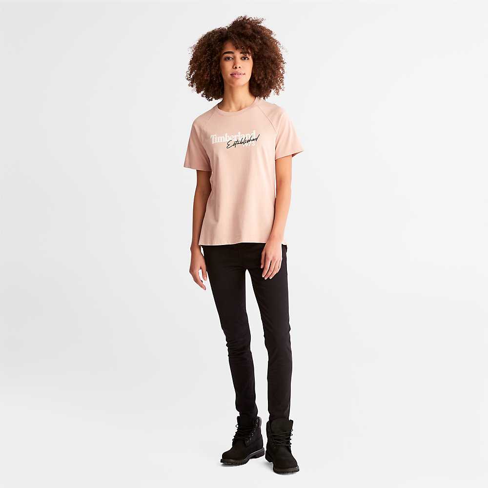 Women's Timberland Raglan-sleeve Logo T Shirts Pink | UAE-7192380