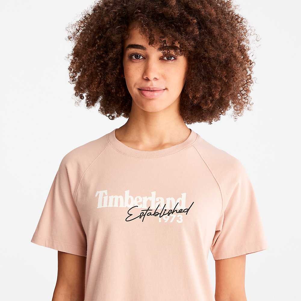 Women's Timberland Raglan-sleeve Logo T Shirts Pink | UAE-7192380