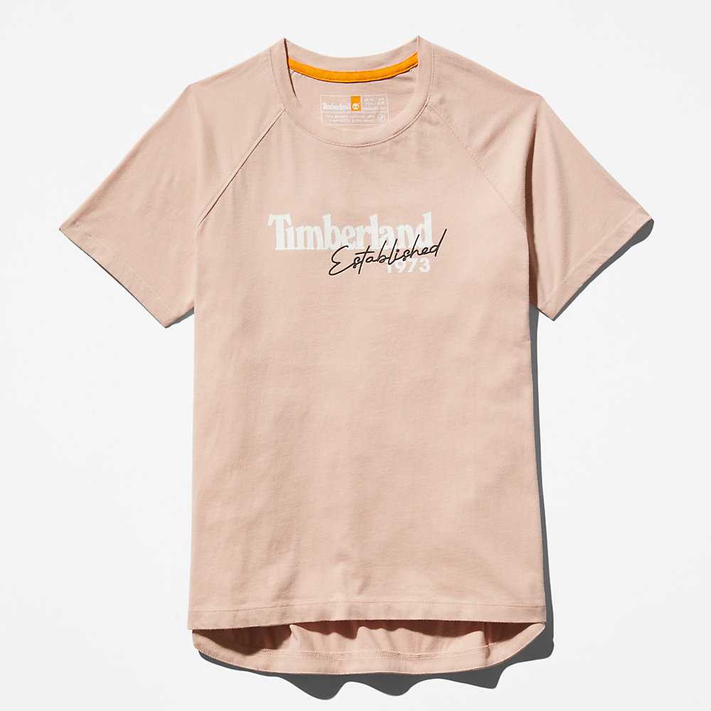 Women's Timberland Raglan-sleeve Logo T Shirts Pink | UAE-7192380