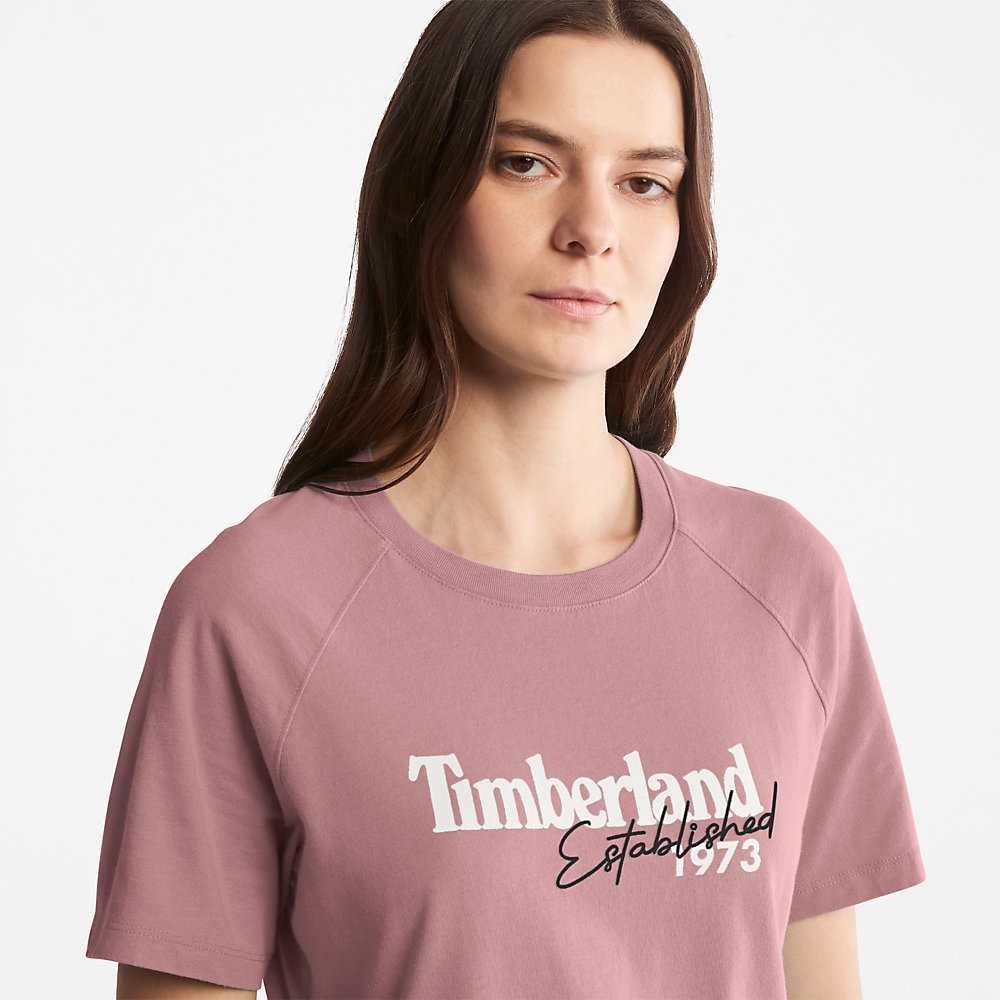 Women's Timberland Raglan-sleeve Logo T Shirts Pink | UAE-7594623