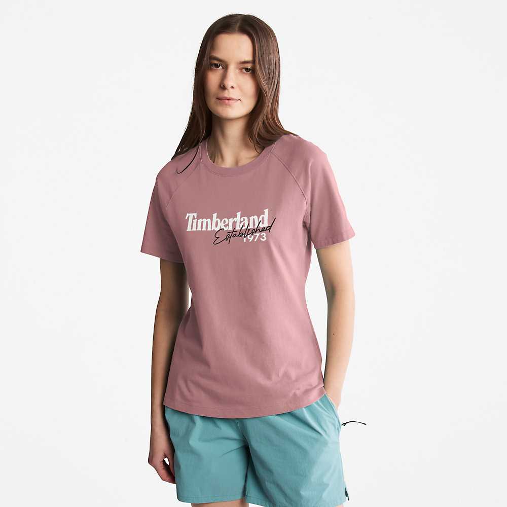 Women\'s Timberland Raglan-sleeve Logo T Shirts Pink | UAE-7594623