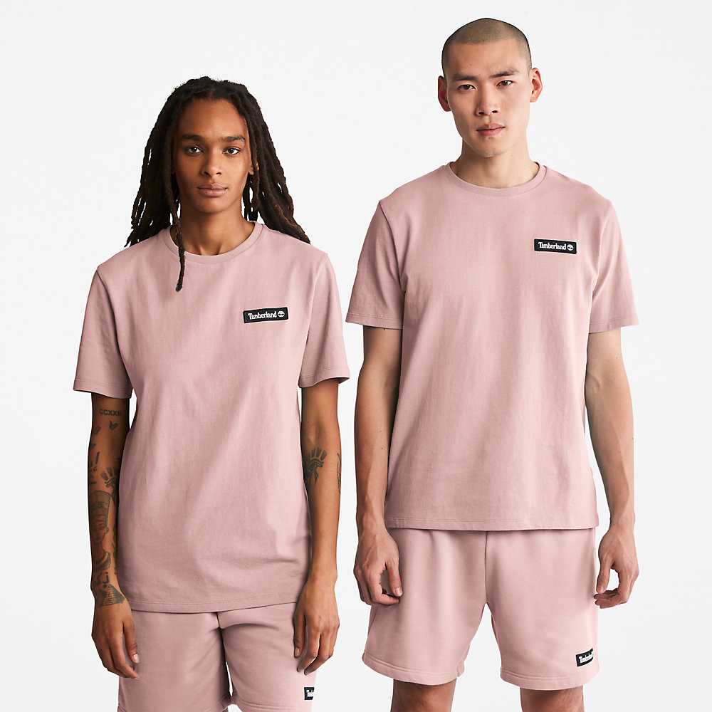 Men's Timberland All Gender Heavyweight Badge T Shirts Pink | UAE-7295631