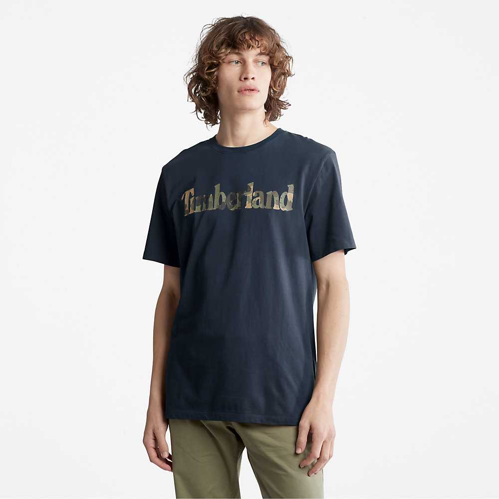 Men's Timberland Camo-Logo T Shirts Dark Blue | UAE-0438561