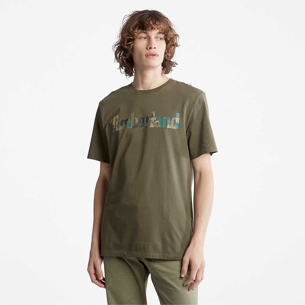 Men's Timberland Camo-Logo T Shirts Dark Green | UAE-7835264