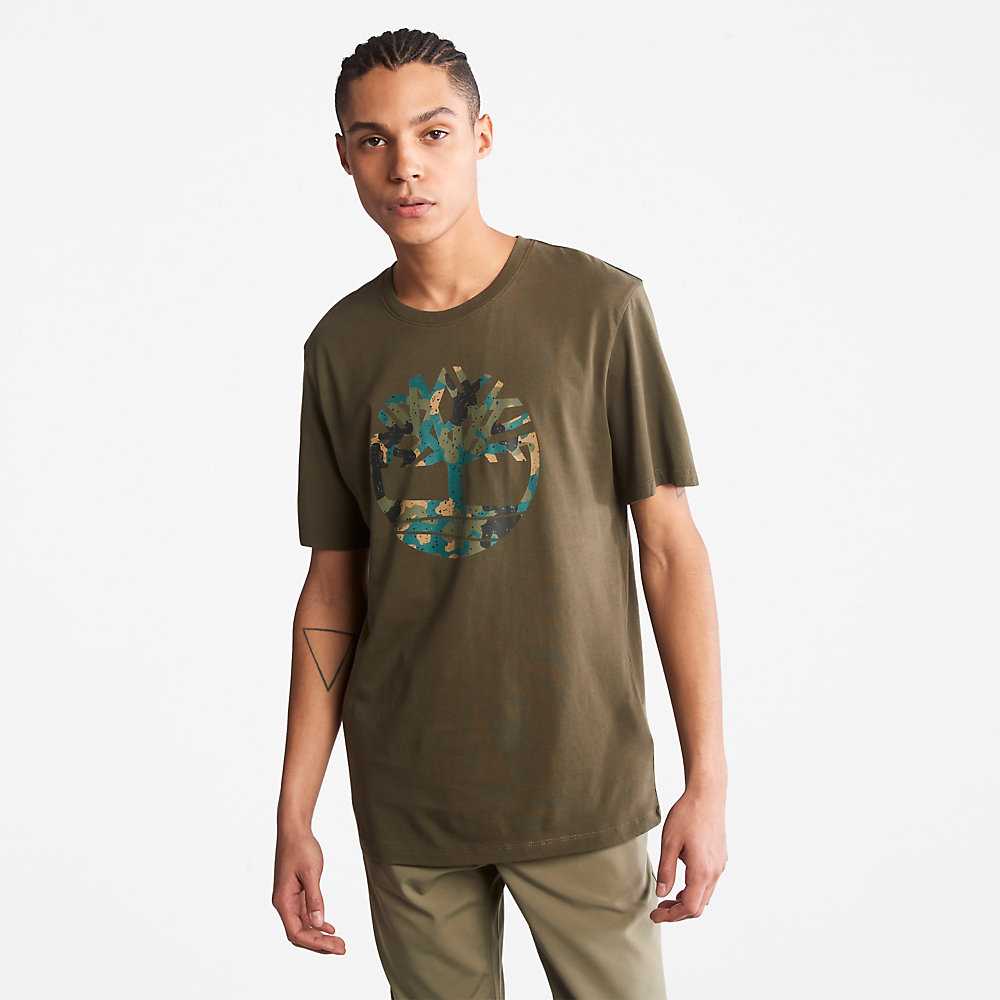 Men's Timberland Camo-Logo T Shirts Dark Green | UAE-8203679