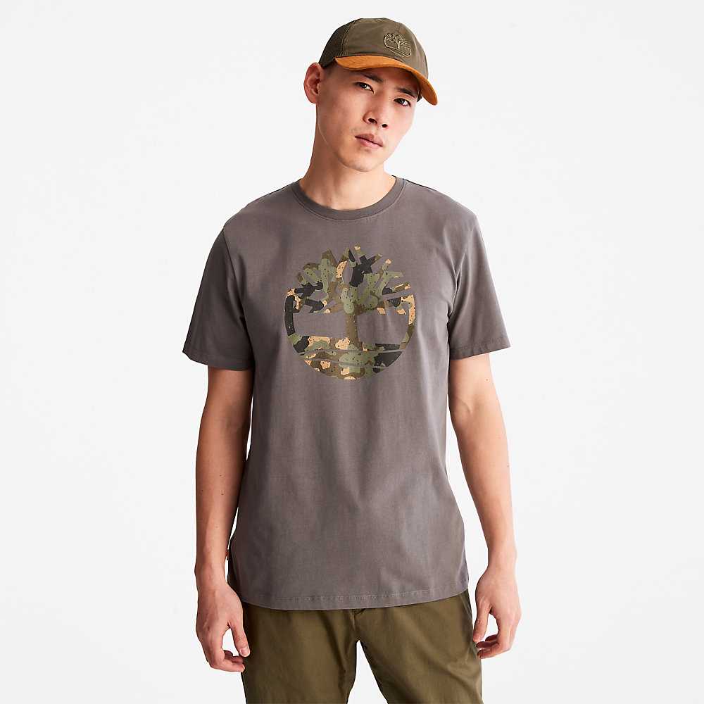 Men's Timberland Camo-Logo T Shirts Grey | UAE-0648735