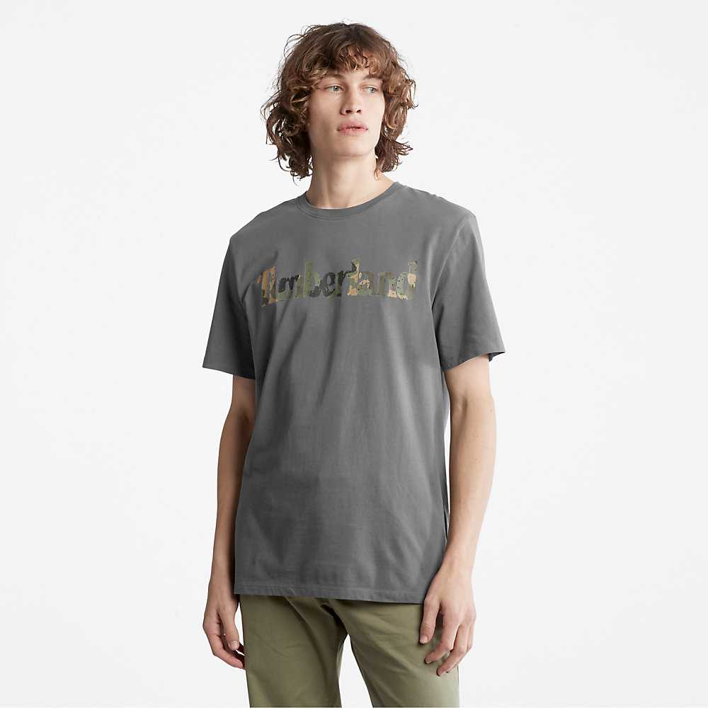 Men's Timberland Camo-Logo T Shirts Grey | UAE-9640138