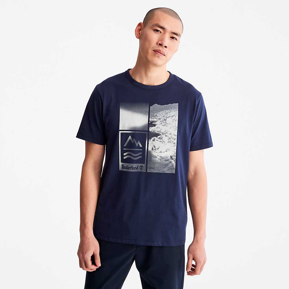 Men's Timberland Mountains-to-Rivers T Shirts Dark Blue | UAE-7692413