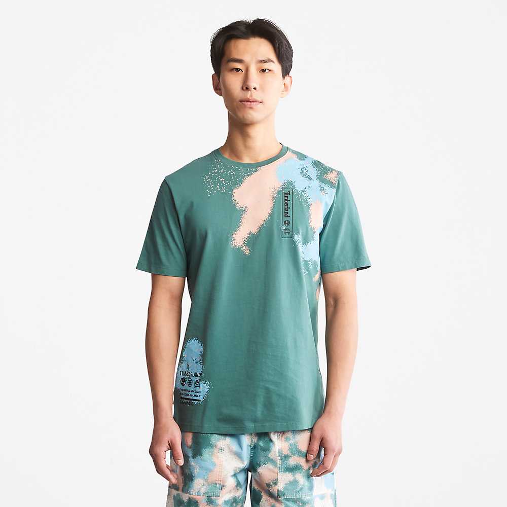 Men's Timberland Paint Graphic T Shirts Turquoise | UAE-0325194