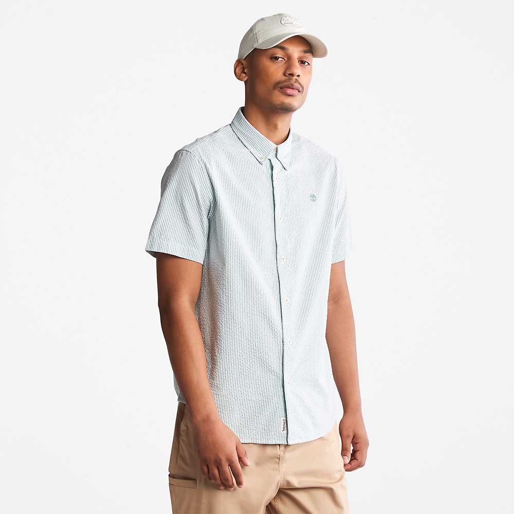 Men's Timberland Seersucker Shirts Turquoise | UAE-5016289