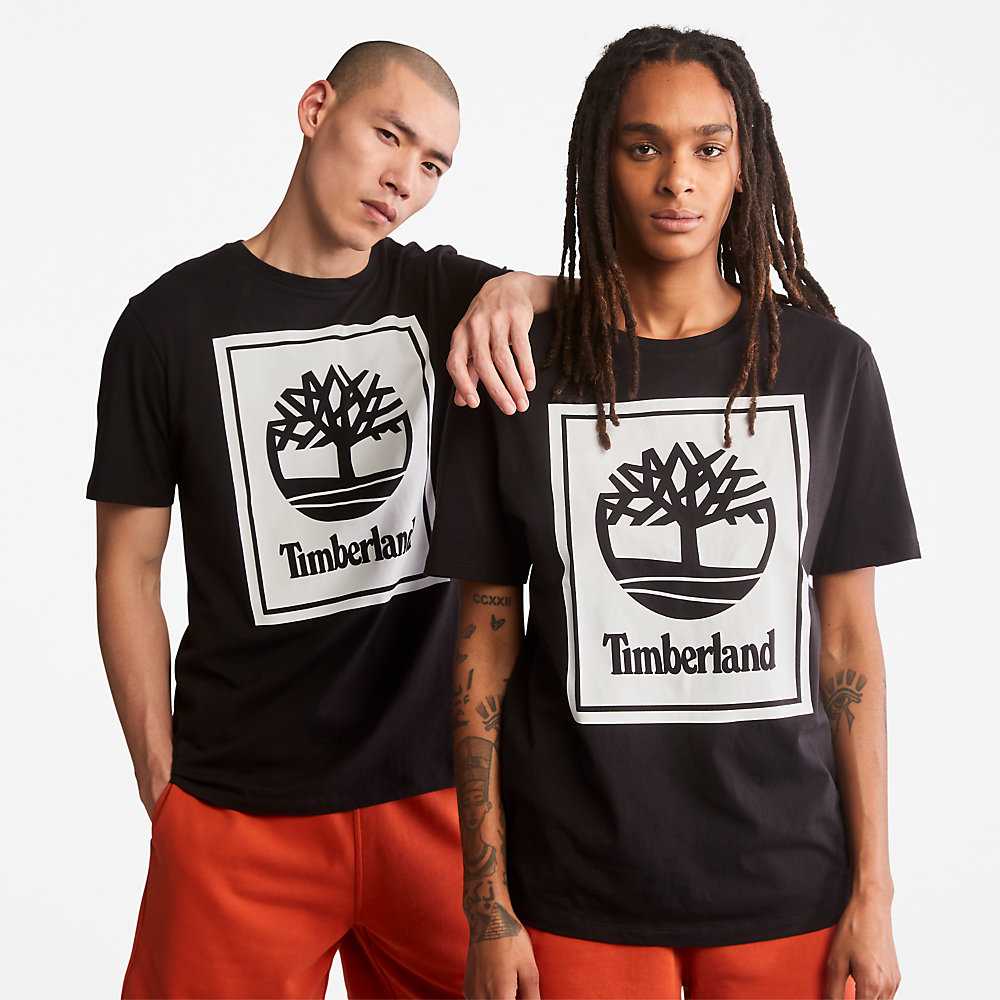 Men's Timberland Stack Logo T Shirts Black/White | UAE-9382574