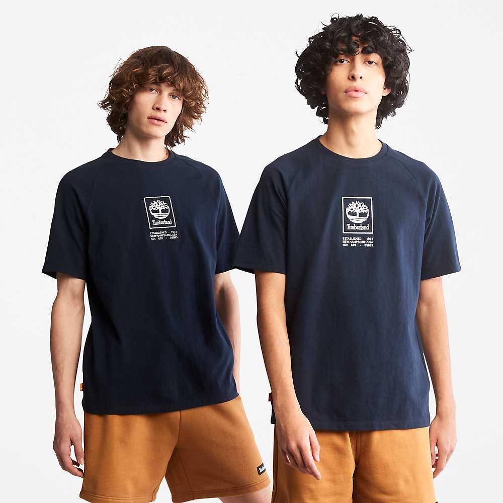 Men's Timberland Stack Logo T Shirts Dark Blue | UAE-5063184