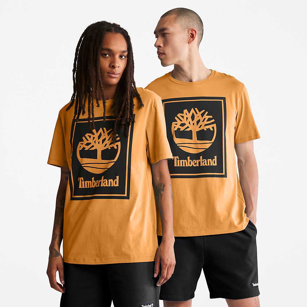 Men's Timberland Stack Logo T Shirts Orange/Black | UAE-1902583