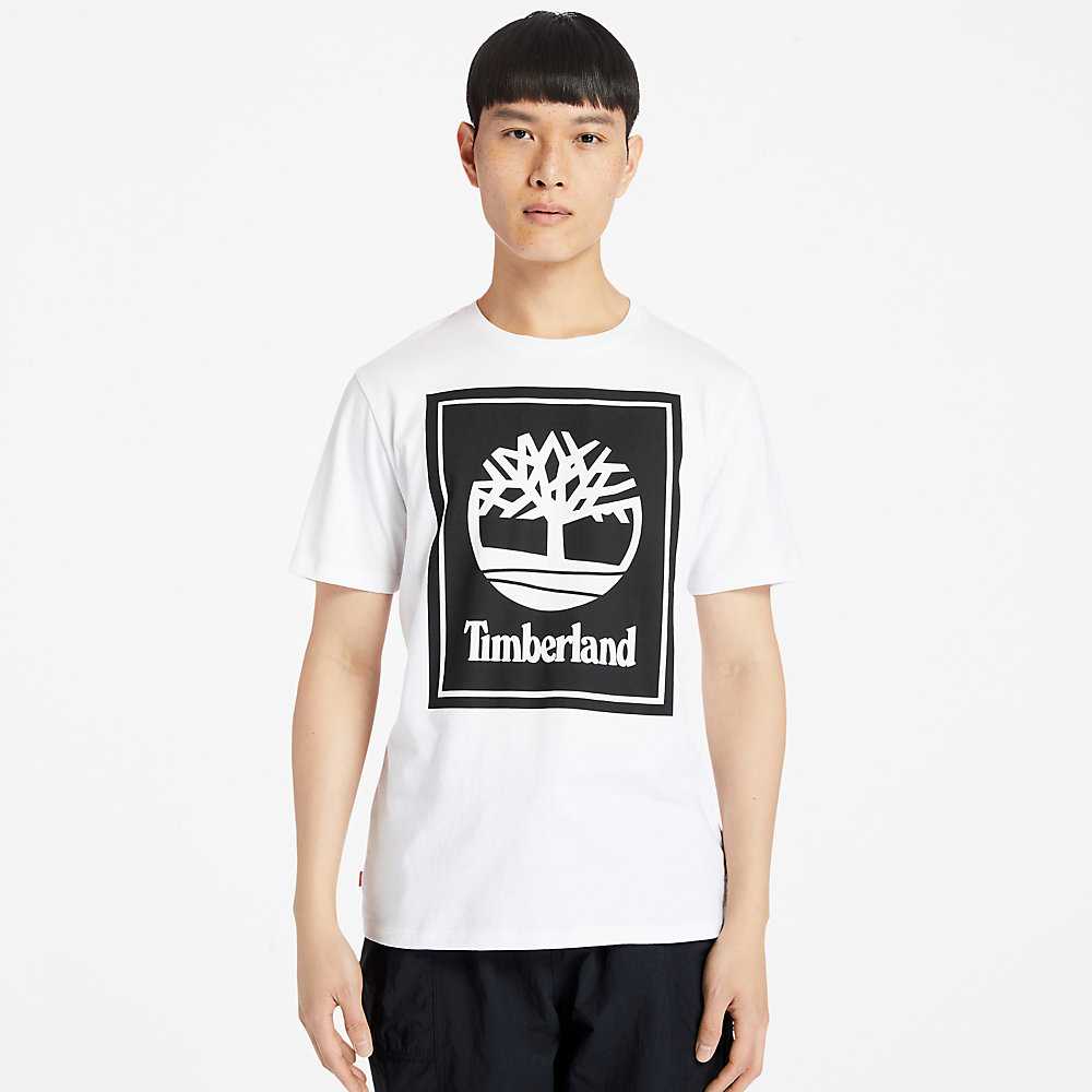 Men's Timberland Stack Logo T Shirts White | UAE-6942801