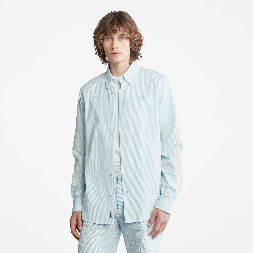 Men's Timberland Striped Seersucker Shirts Light Blue | UAE-7816035