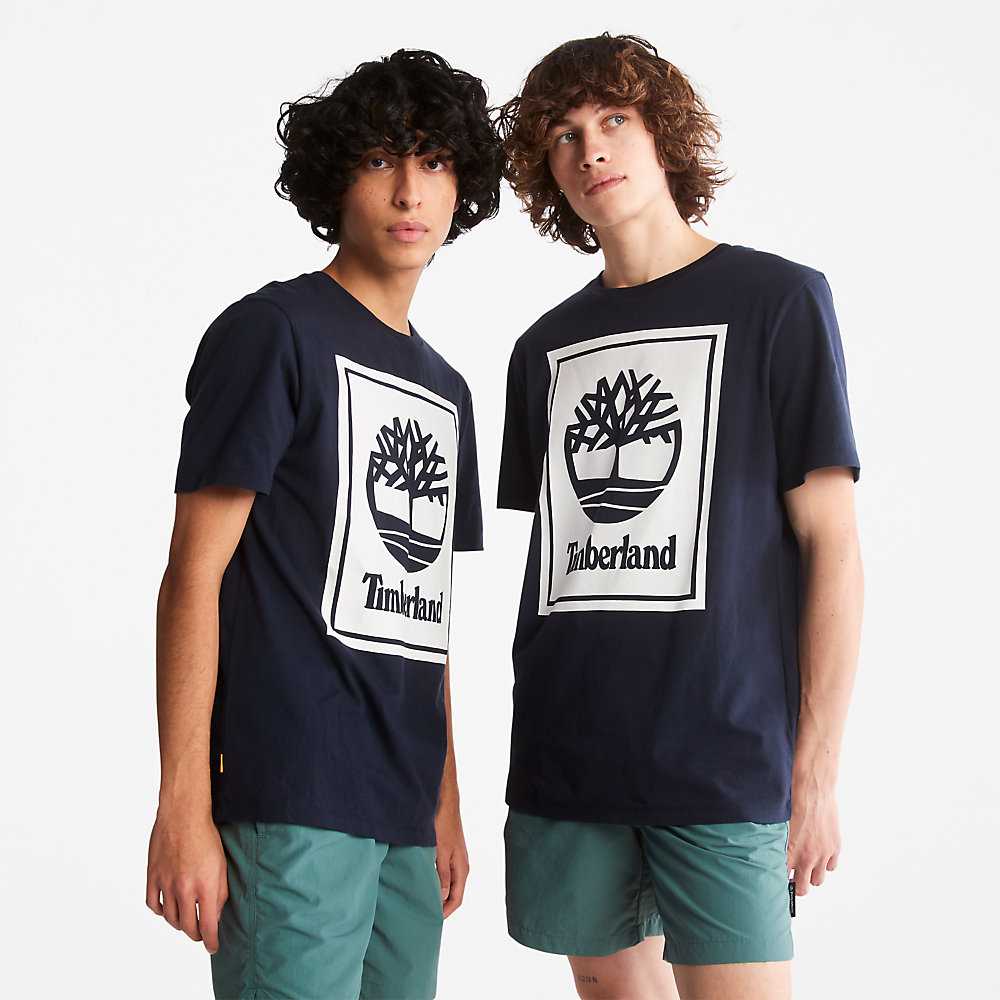 Men's Timberland Tree Logo T Shirts Dark Blue | UAE-7096132