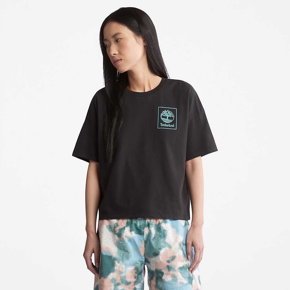 Women's Timberland Back Graphic Logo T Shirts Black | UAE-5603829