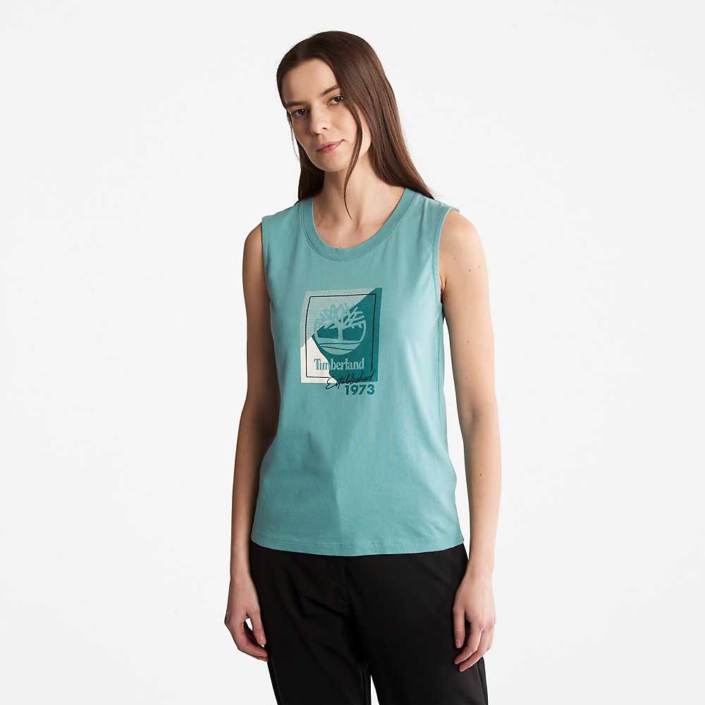 Women's Timberland Logo Tank Tops Turquoise | UAE-5683140