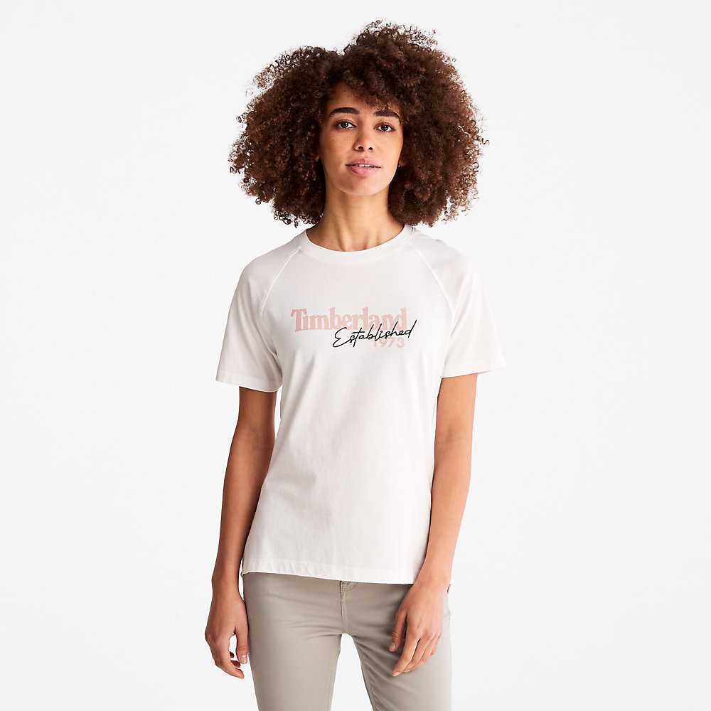 Women's Timberland Raglan-sleeve Logo T Shirts White | UAE-3209845