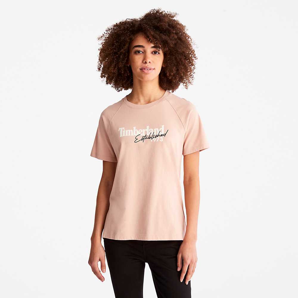 Women's Timberland Raglan-sleeve Logo T Shirts Pink | UAE-7192380